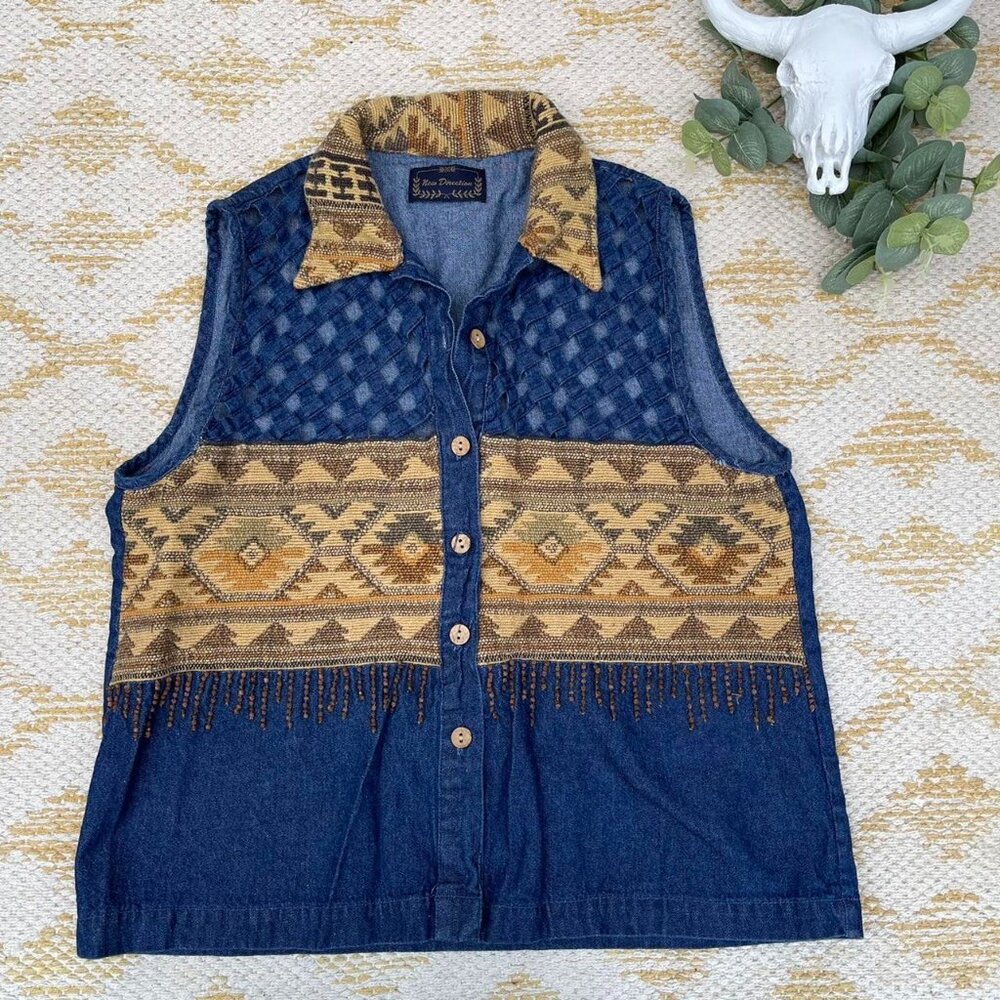 🌵 Vintage New Direction Aztec Needlepoint Denim Vest M Button Down Boho Western